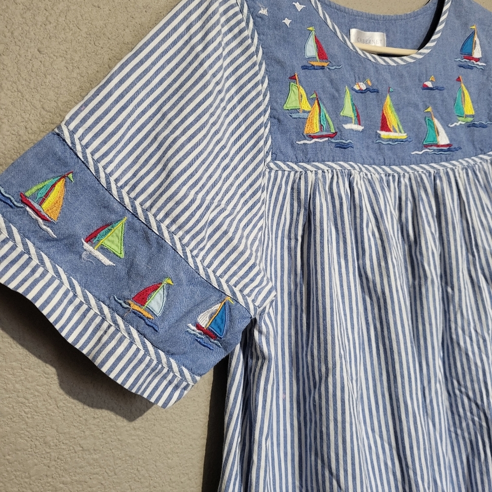 Cabernet Blue and White Striped Womens House Dress with Sailboat Design Size M - Picture 3 of 7